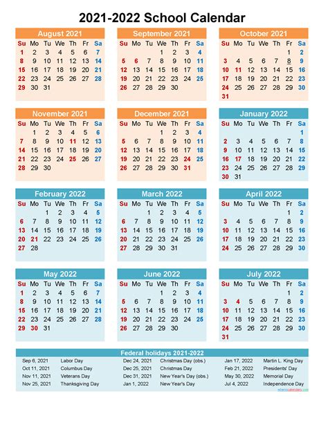 2021 And 2022 School Calendar Printable Portrait Template Noscl22a31