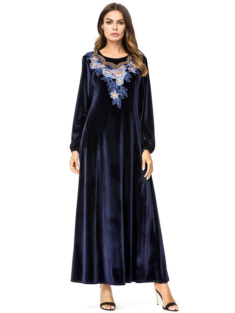 Buy Casual Embroidery Velvet Abaya Maxi Dress Ankle