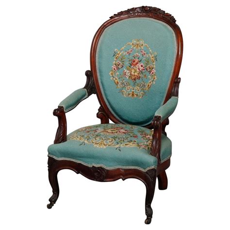 Antique Victorian Carved Walnut And Needlepoint Parlor Armchair Circa