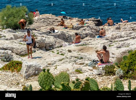 Marseille France Gay Men Relaxing On Nude Beach Scenes Point Rouge On Mediterranean Sea