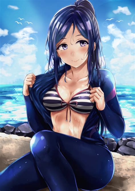 wallpaper anime girls blue black hair cleavage wet bodysuit love live sunshine open