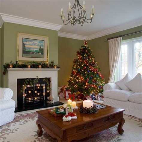 Traditional Green Living Room With Christmas Tree
