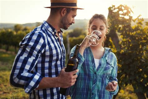 Woman And Man In Vineyard Drinking Wine Stock Image Image Of Smiling