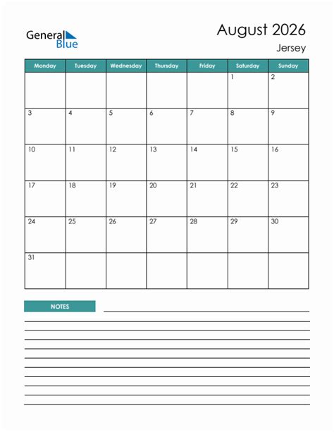August 2026 Jersey Monthly Calendar With Holidays