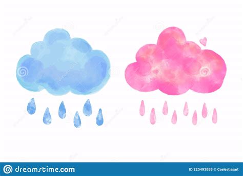 Set Of Two Watercolor Clouds Bright Pink Cloud With Rain Drops And