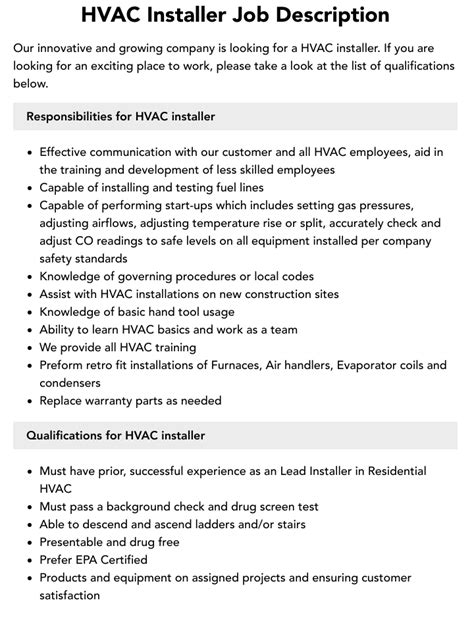 Hvac Installer Job Description Velvet Jobs