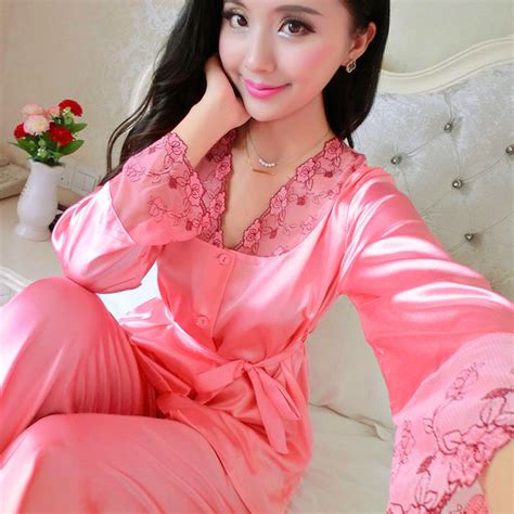 2017 New Brand Luxury Silk Pajamas Set Women Summer Autumn Lace Stitch