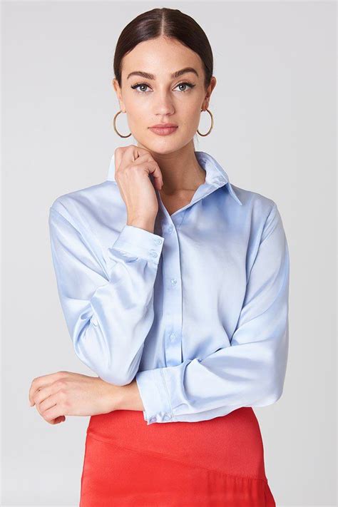 Long Sleeve Satin Shirt Light Blue Silk Blouse Satin Shirt Silk