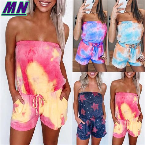 buy women tie dye stars sleeveless beach short jumpsuits rompers strapless summer at affordable