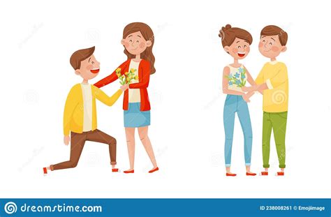 Young Man Kneeling And Giving Bouquet Of Flowers To Happy Woman Vector