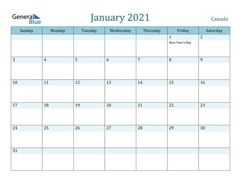 Canada January 2021 Calendar With Holidays
