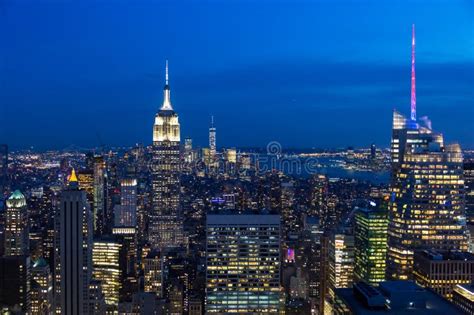 Aerial View Of New York City At Night Manhattan Usa Stock Image