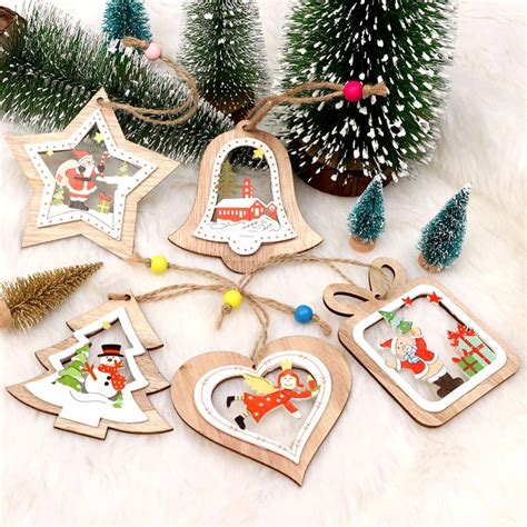 Ourwarm 5pcs Wooden Diy Crafts Christmas Tree Ornaments Santa Claus