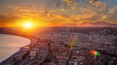 Sunset Aerial View Of Nice Cote D Azur French Riviera France Stock