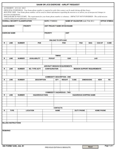 Dd Form 1249 Airlift Request Saam Or Jcs Exercise Dd Forms