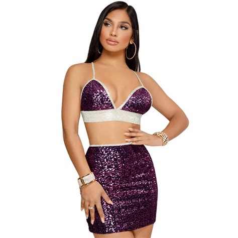 Sexy Women Sequin Two Pieces Set Skirt Fashion Strap V Neck Backless