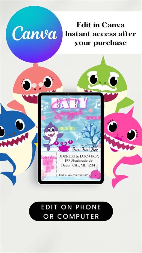 Editable Baby Shark Birthday Invitation Template Printable Etsy