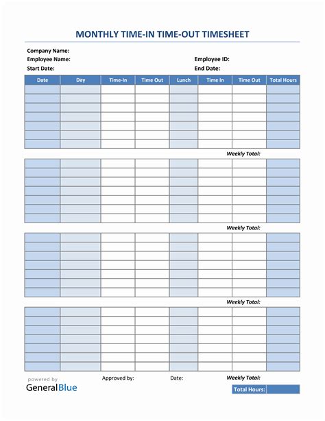 Monthly Time In Time Out Timesheet In Excel