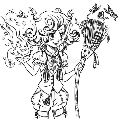 Digital Coloring Book Illustration With Funny Girl Witch