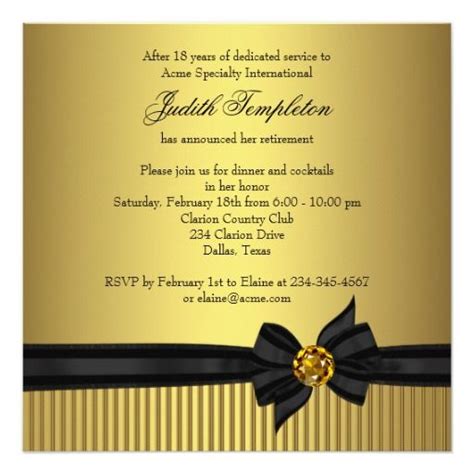 Theme parties often function to suit the guest of honor, as well as keep the party memorable. Elegant Black and Gold Womans Retirement Party Invitation ...