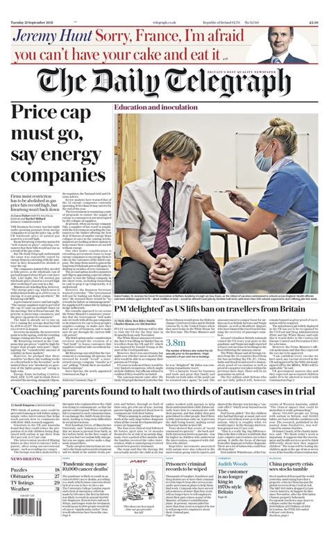 Daily Telegraph Front Page St Of September Tomorrow S Papers Today