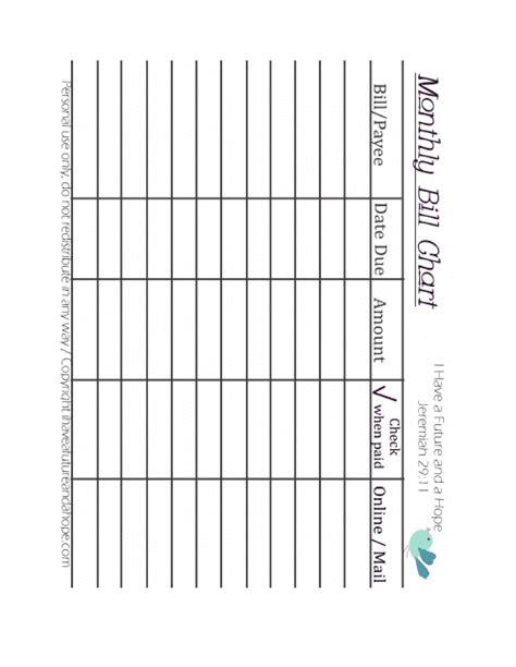 Monthly Bill Chart Template Bird Download Printable Pdf Templateroller