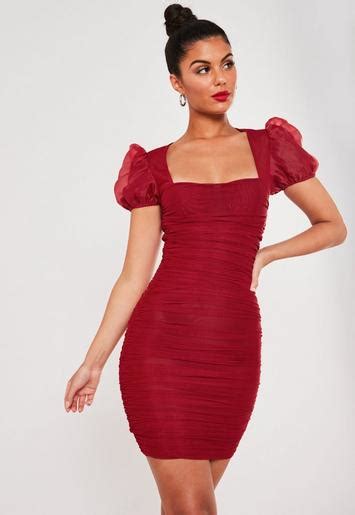 Red Mesh Ruched Puff Sleeve Mini Dress Missguided