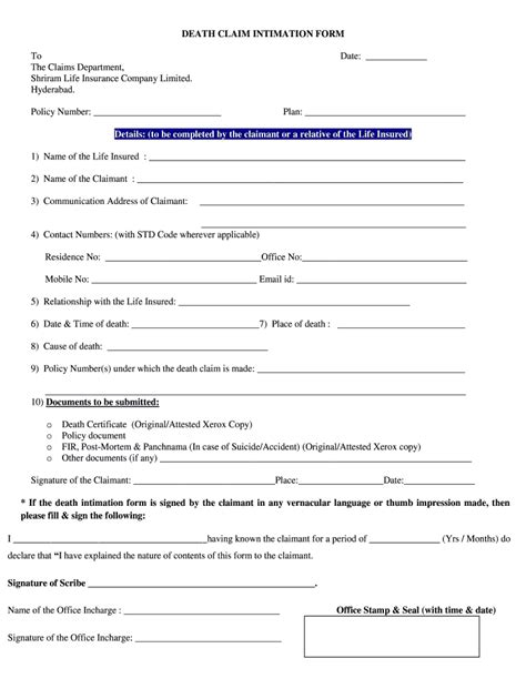 Columbia mutual have been providing quality life insurance protection since 1882. Shriram Life Insurance Company Limited Death Claim Intimation Form - Fill and Sign Printable ...
