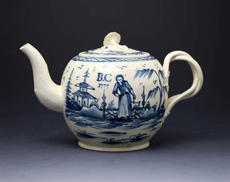 English Antique Creamware Pottery Teapot In Underglaze Blue Dated 1777