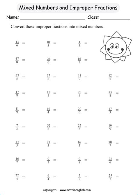 K5 Learning Worksheets Convert Improper Fractions Mixed Numbers 135 50