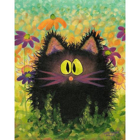 Scaredy Cat In Daisies — Matted Print Cat Art Whimsical Cats Cranky Cat