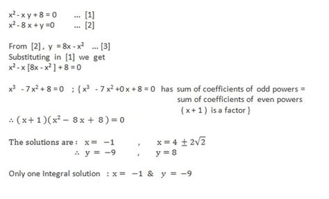 What Is The Number Of Integral Solutions X Y Of The System Of Equations X² Xy 8 0 And X²