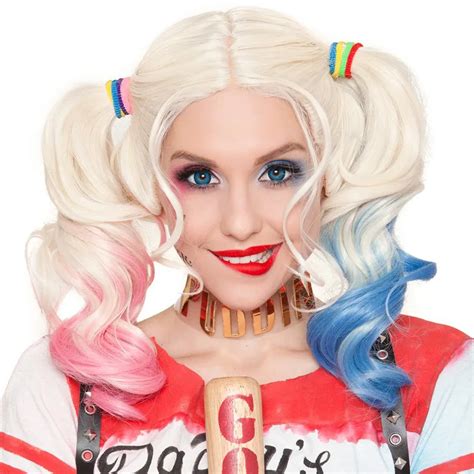 Suicide Squad Harley Quinn Double Plait Gradient Red Blue Cosplay Curly Hair Halloween Christmas