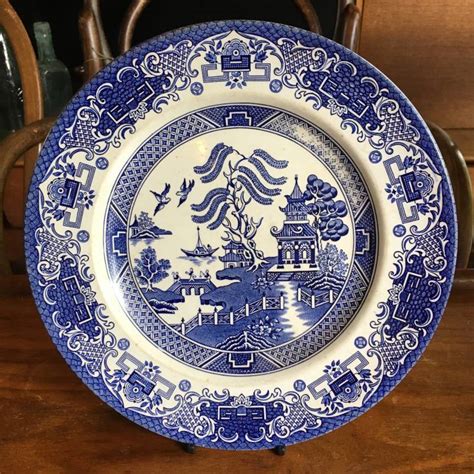 English Ironstone Pottery Old Willow Vintage Dinner Plate：イギリス、ブルーウィローパターンのディナー皿：mlpショップ