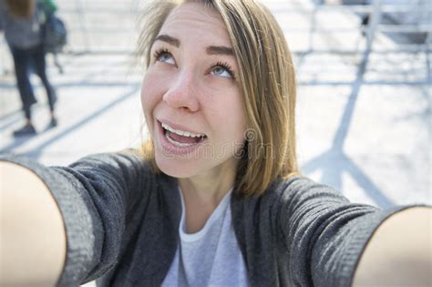 Happy Woman Doing Selfie Outdoor Stock Photo Image Of Selfie