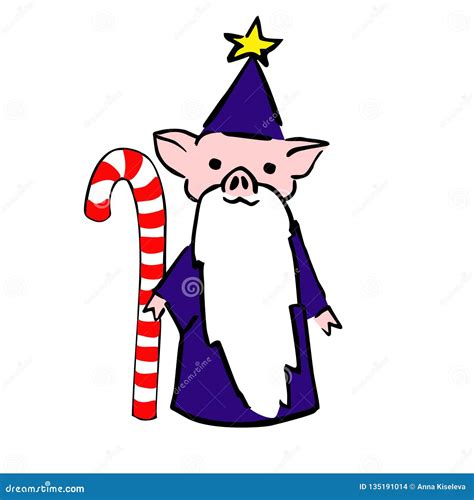 Cartoon Anthropomorphic Piglet Wizard With Long Beard Stock