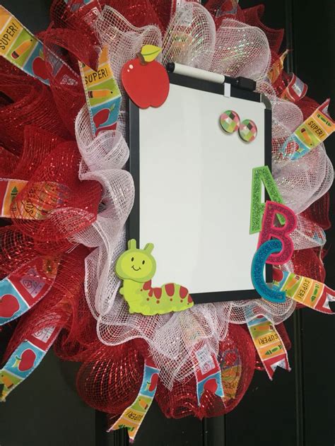 Teacher Wreath With Dry Erase Board Red And White Mesh Teacher
