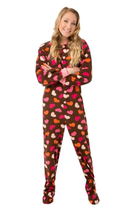 Chocolate Brown With Hearts Adult Footed Pajamas Footie Drop Seat