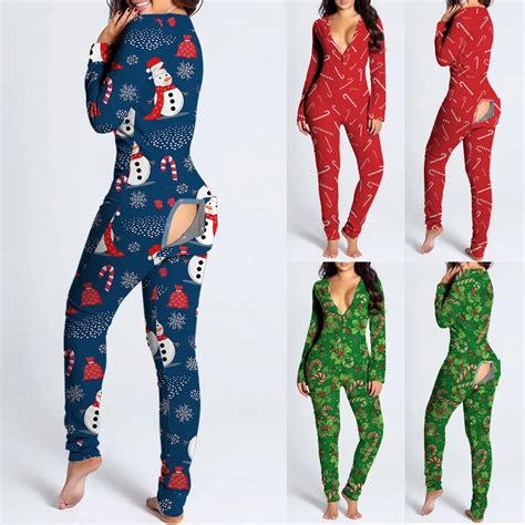 2021 Women Christmas Onesies With Butt Flap For Adults Sexy Sleepwear Romper Open Butt Pajamas