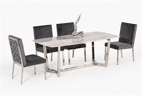 Modrest Garrett Modern White Faux Marble And Stainless Steel Dining Table