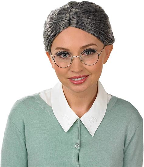 Adults Granny Wig And Glasses Set Womens Grey Bun Grandma Hair Costume