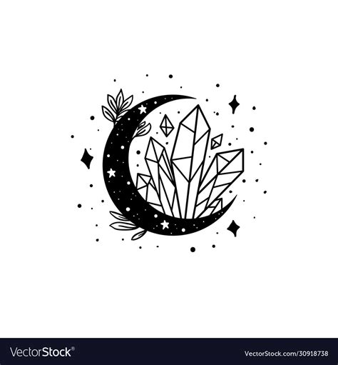 Mystical Moon With Crystal And Stars Stars Vector Image