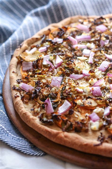A recipe created for patate.ch, an organisation promoting potatoes in switzerland! Brussels Sprouts and Sweet Potato Goat Cheese Pizza • Fit ...