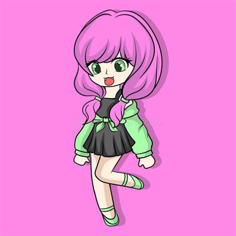 Illustration Art Cute Purple Girl Chibi Character Design Stock Vector