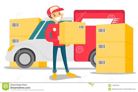 Caucasian Delivery Man Carrying Cardboard Box Stock Vector