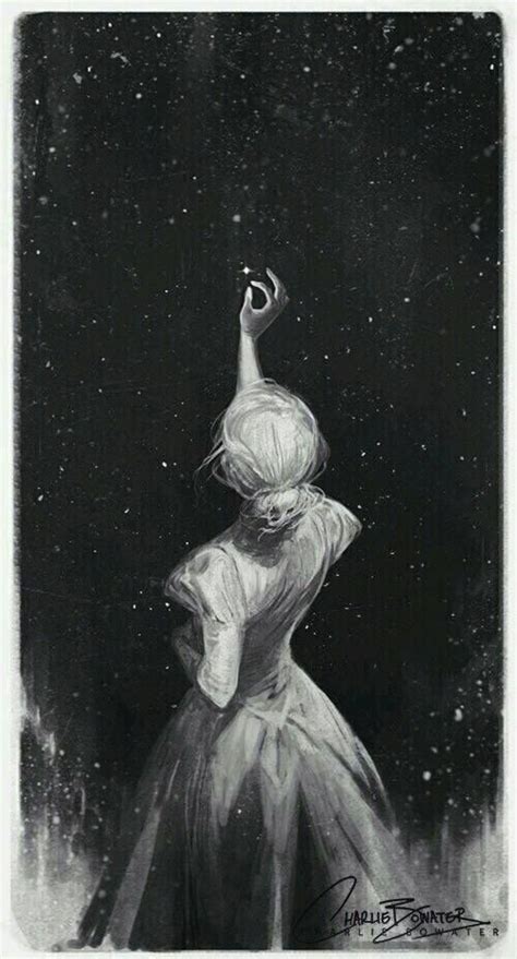 A Black And White Drawing Of A Woman In A Dress Looking Up At The Stars