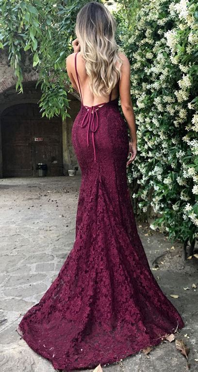 Amazing V Neck Spaghetti Strap Long Lace Backless Burgundy Prom Dress