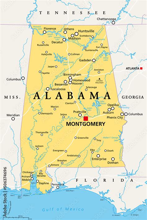 Alabama Al Political Map With The Capital Montgomery Cities Rivers