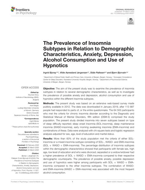 Pdf The Prevalence Of Insomnia Subtypes In Relation To Demographic Characteristics Anxiety