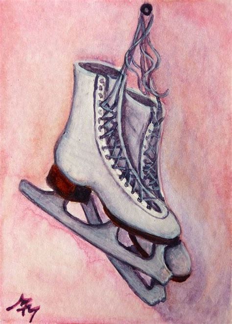 Original Aceo Watercolor Painting Ice Skates Winter Figure Skating